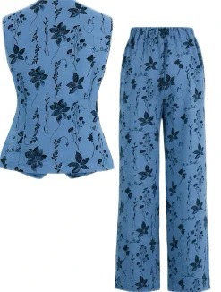 Fashion Retro Stage 2PCS 1940s Floral Hem V-Neck Vest & Pants