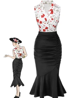 Fashion Retro Stage 2PCS 1930s Floral Lapel Top & Pleated Fishtail Skirt White & Black