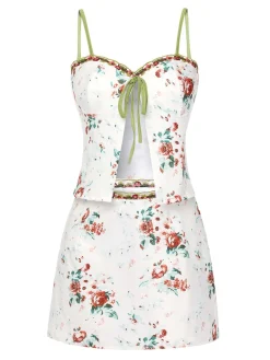 Fashion Retro Stage 2PCS 1960s Floral Strap Slit Vest & Lace Skirt White