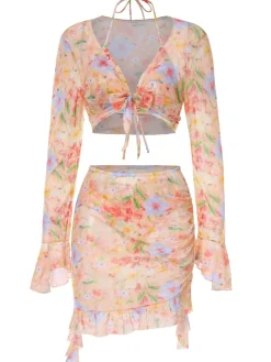 Clearance Retro Stage 4PCS 1950s Swimsuit Dress Set Floral