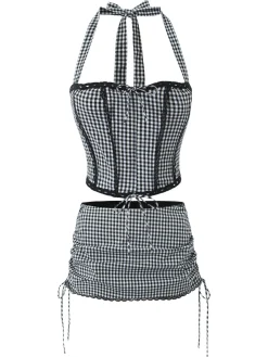 Outlet Retro Stage 2PCS 1950s Gingham Plaid Lace-Up Crop Camisole & Skirt
