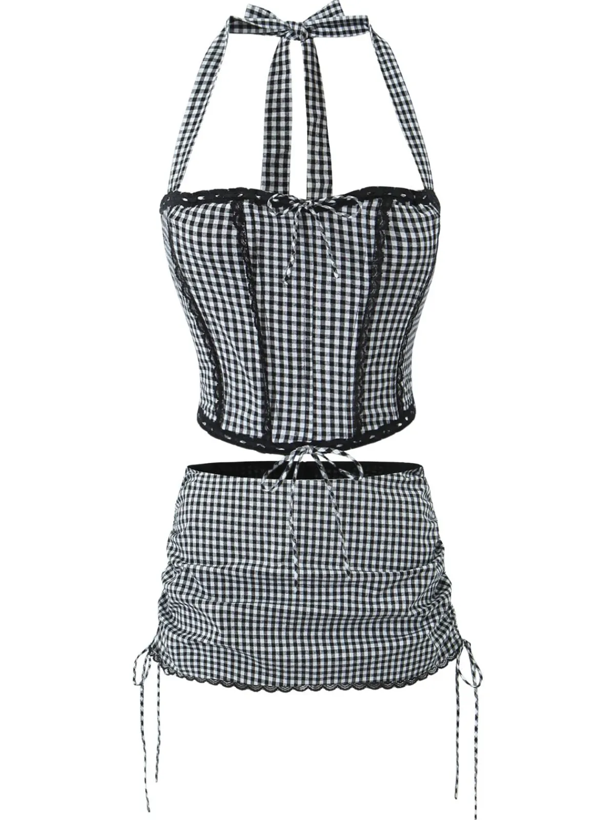 Outlet Retro Stage 2PCS 1950s Gingham Plaid Lace-Up Crop Camisole & Skirt