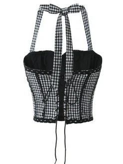 Outlet Retro Stage 2PCS 1950s Gingham Plaid Lace-Up Crop Camisole & Skirt