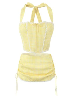 Outlet Retro Stage 2PCS 1950s Gingham Plaid Lace-Up Crop Camisole & Skirt