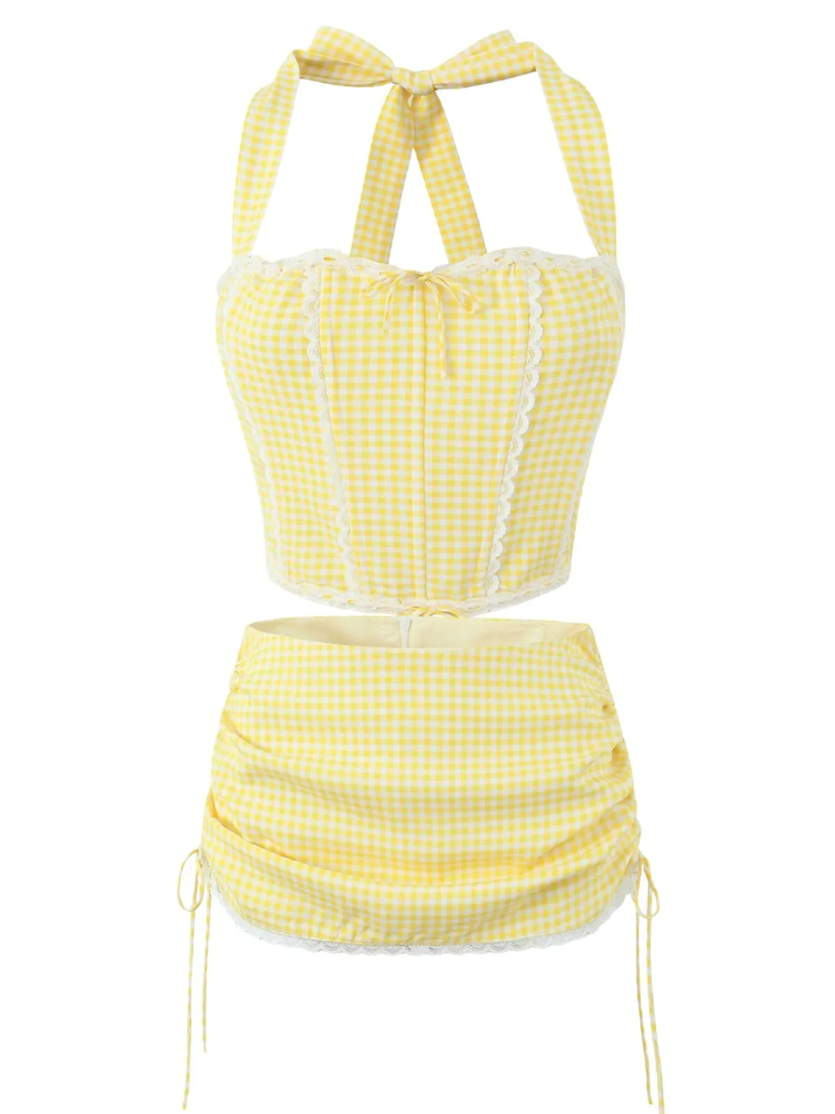 Outlet Retro Stage 2PCS 1950s Gingham Plaid Lace-Up Crop Camisole & Skirt