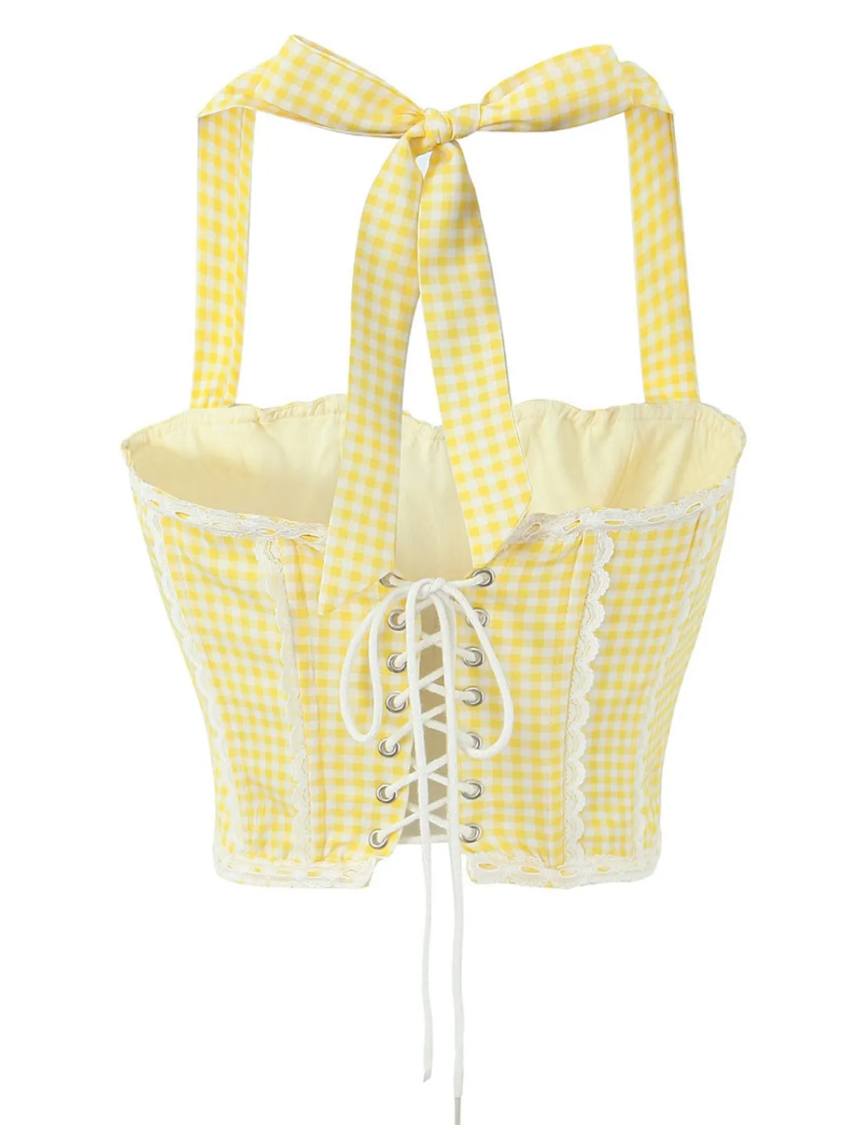 Outlet Retro Stage 2PCS 1950s Gingham Plaid Lace-Up Crop Camisole & Skirt
