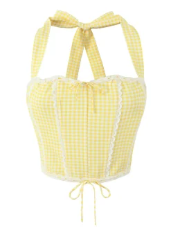 Outlet Retro Stage 2PCS 1950s Gingham Plaid Lace-Up Crop Camisole & Skirt