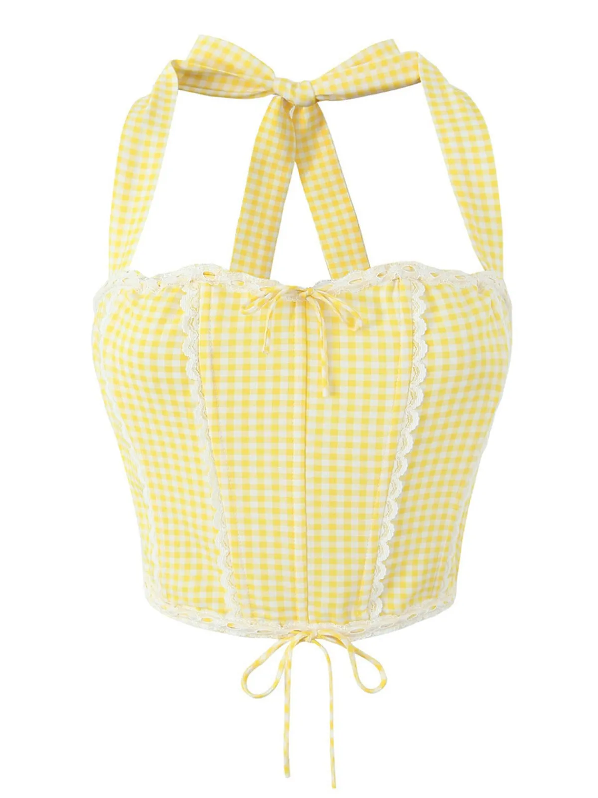 Outlet Retro Stage 2PCS 1950s Gingham Plaid Lace-Up Crop Camisole & Skirt