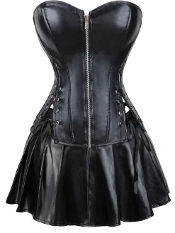 Hot Retro Stage 2PCS 1970s Gothic Faux Leather Bandeau Corset & Skirt
