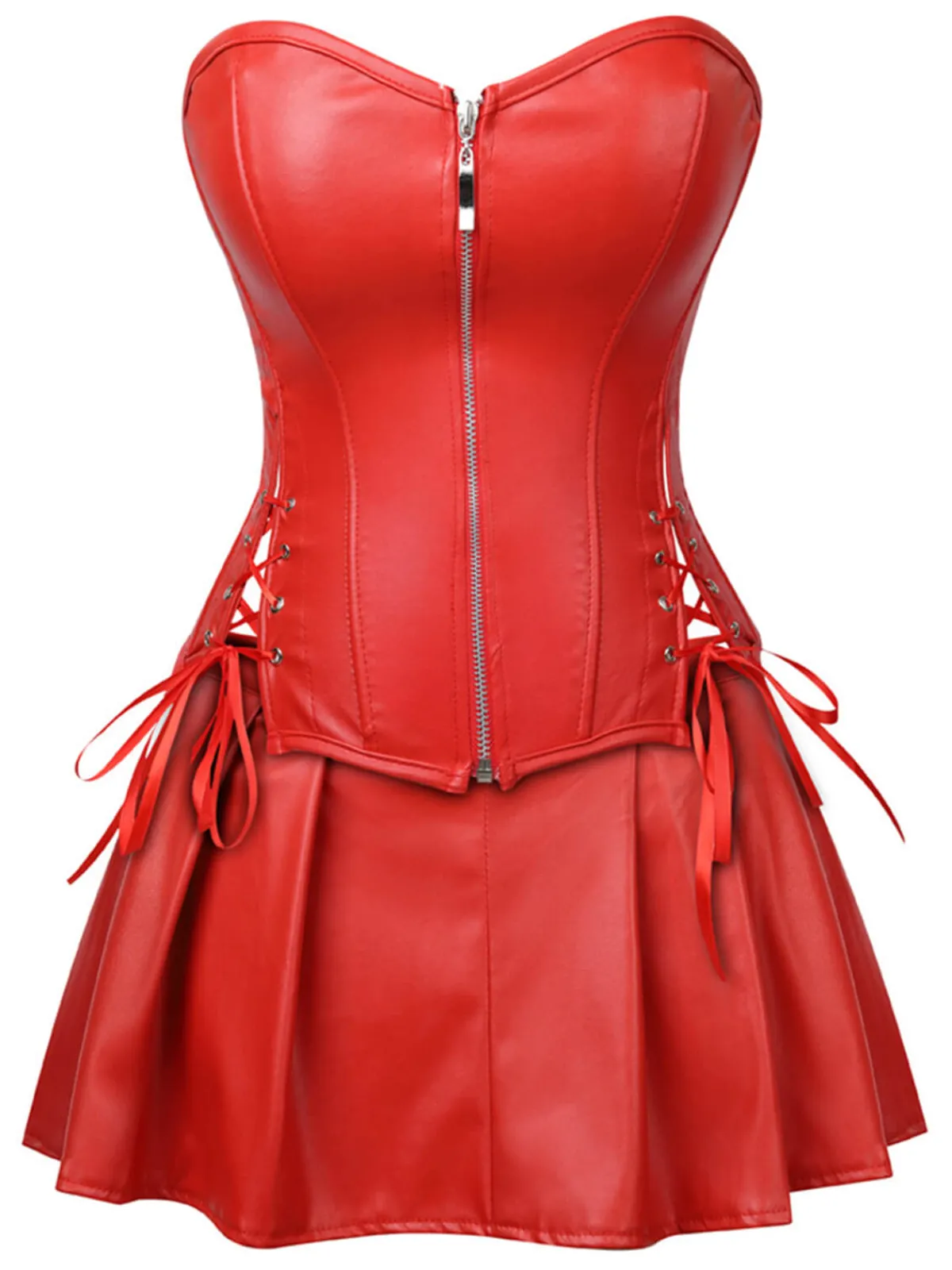 Hot Retro Stage 2PCS 1970s Gothic Faux Leather Bandeau Corset & Skirt