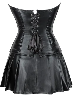 Sale Retro Stage 2PCS 1970s Gothic Faux Leather Bandeau Corset & Skirt