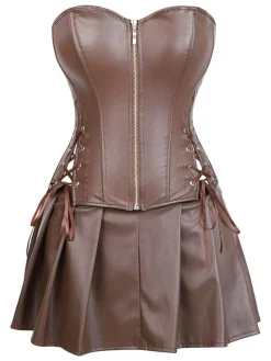 Sale Retro Stage 2PCS 1970s Gothic Faux Leather Bandeau Corset & Skirt