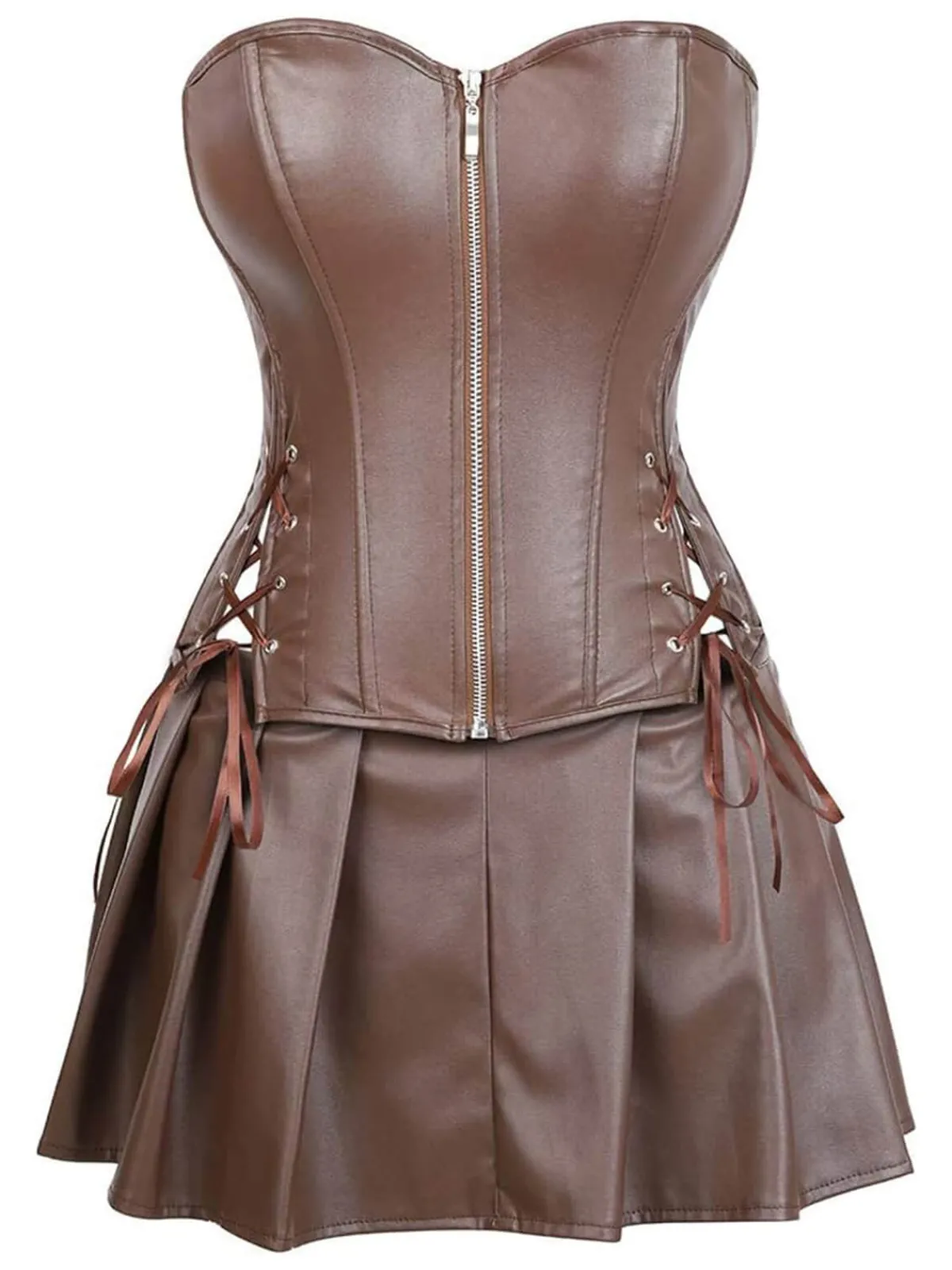 Sale Retro Stage 2PCS 1970s Gothic Faux Leather Bandeau Corset & Skirt