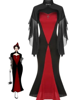 Sale Retro Stage 2PCS 1930s Halloween Fishtail Dress & Sheer Coat Black & Red