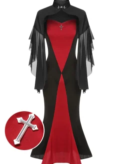 Sale Retro Stage 2PCS 1930s Halloween Fishtail Dress & Sheer Coat Black & Red