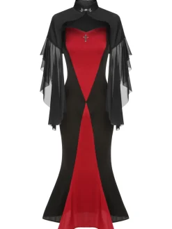 Sale Retro Stage 2PCS 1930s Halloween Fishtail Dress & Sheer Coat Black & Red