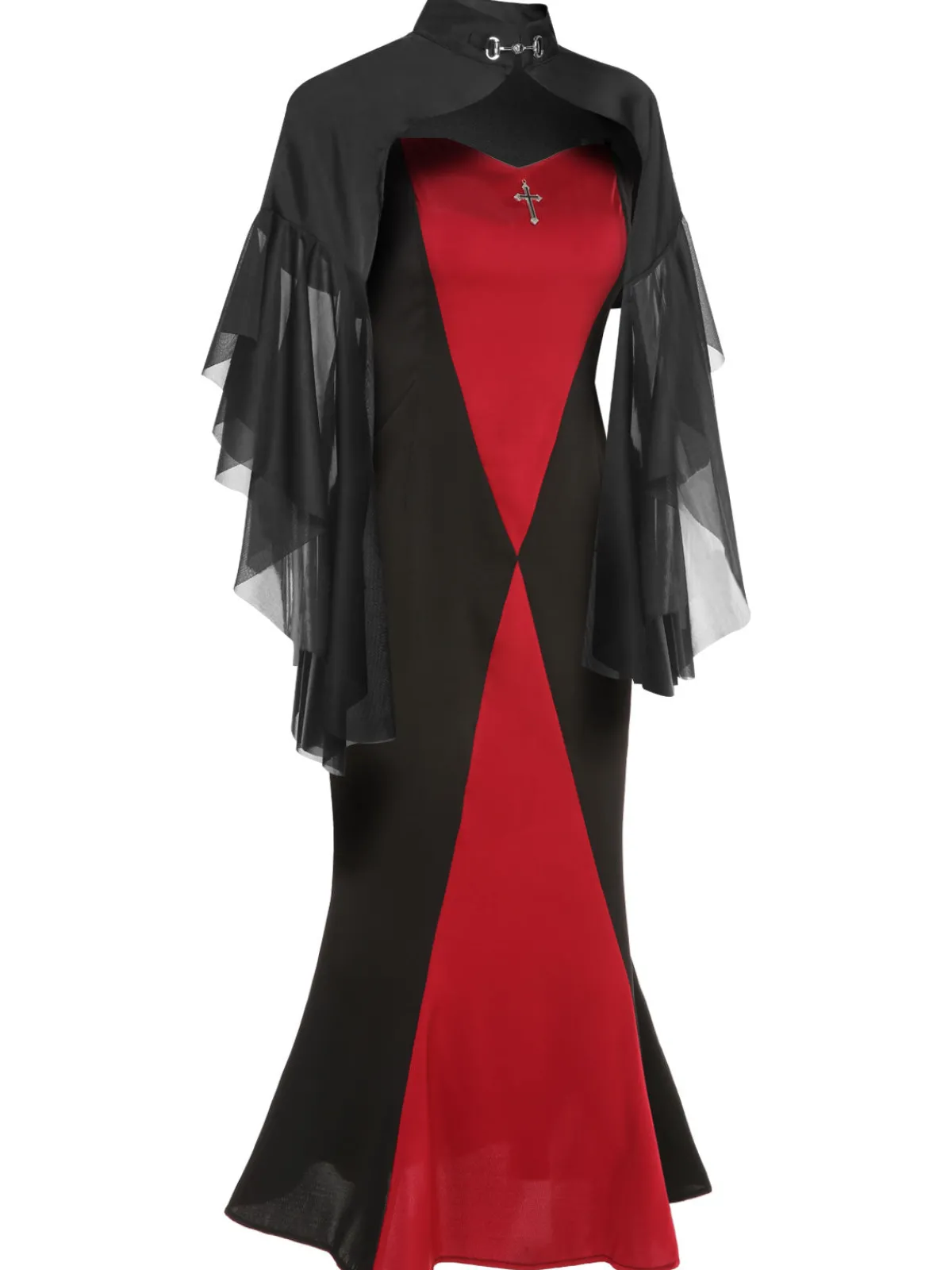 Sale Retro Stage 2PCS 1930s Halloween Fishtail Dress & Sheer Coat Black & Red