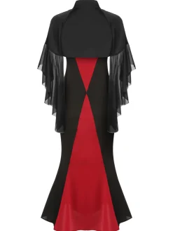 Sale Retro Stage 2PCS 1930s Halloween Fishtail Dress & Sheer Coat Black & Red