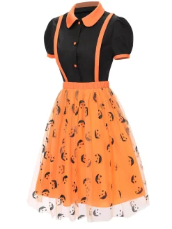 Hot Retro Stage 2PCS 1940s Halloween Peter Pan Collar Blouse & Smiley Face Mesh Skirt Black & Orange