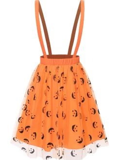 Hot Retro Stage 2PCS 1940s Halloween Peter Pan Collar Blouse & Smiley Face Mesh Skirt Black & Orange