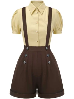Online Retro Stage 2PCS 1940s Lapel Blouse & Buttons Overall Shorts Yellow & Deep Brown