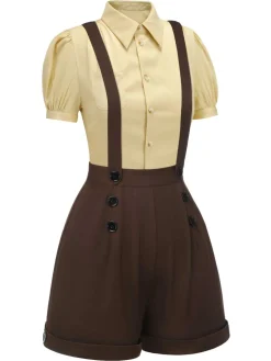 Online Retro Stage 2PCS 1940s Lapel Blouse & Buttons Overall Shorts Yellow & Deep Brown