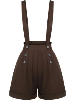 Online Retro Stage 2PCS 1940s Lapel Blouse & Buttons Overall Shorts Yellow & Deep Brown