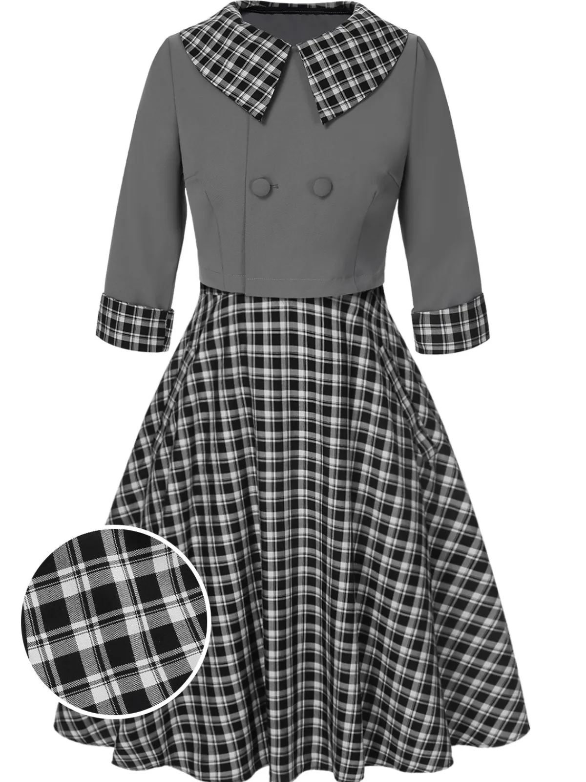 Hot Retro Stage 2PCS 1950s Lapel Rolled Sleeve Plaids Coat & Strap Dress Dark Gray