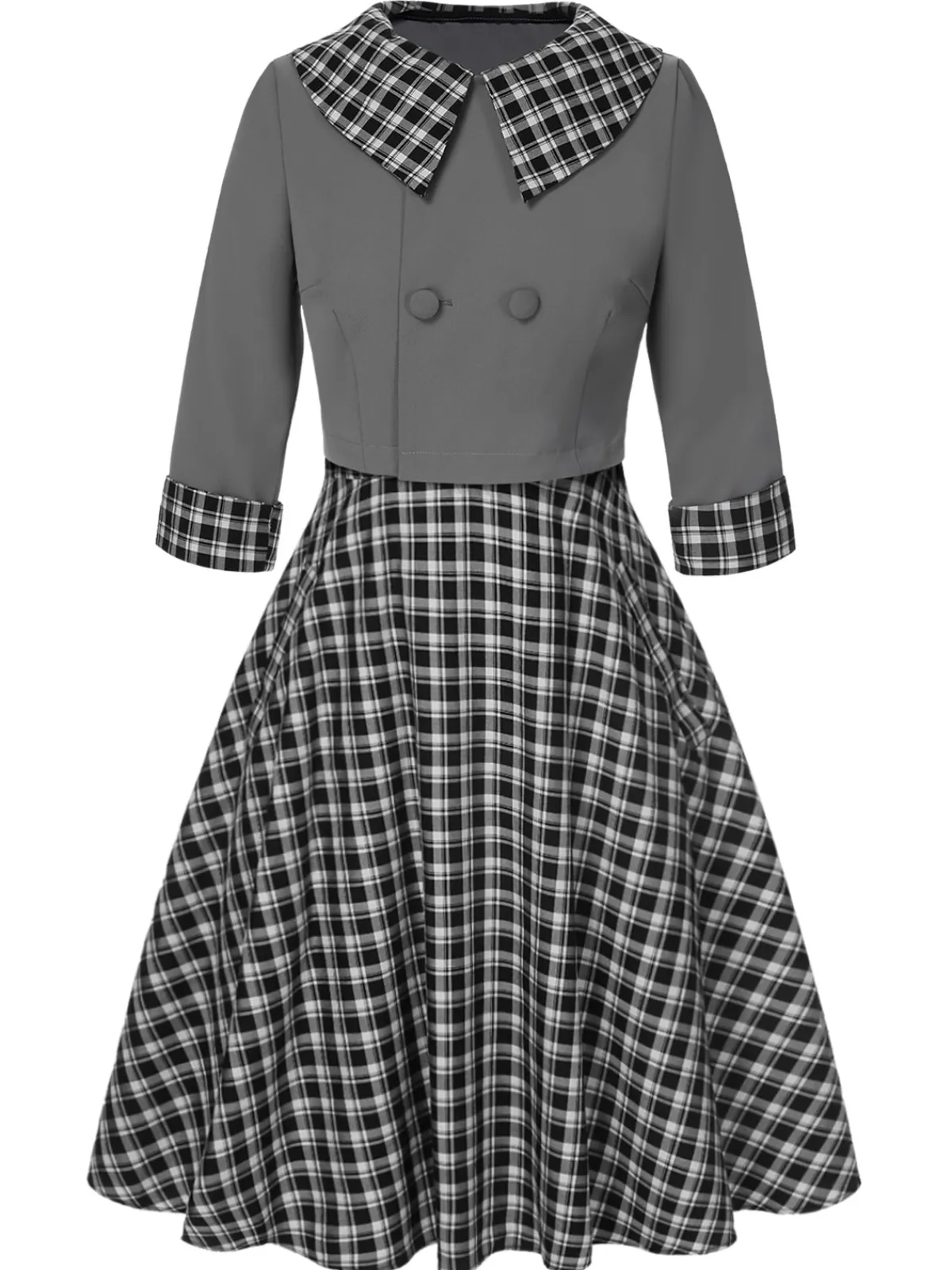 Hot Retro Stage 2PCS 1950s Lapel Rolled Sleeve Plaids Coat & Strap Dress Dark Gray