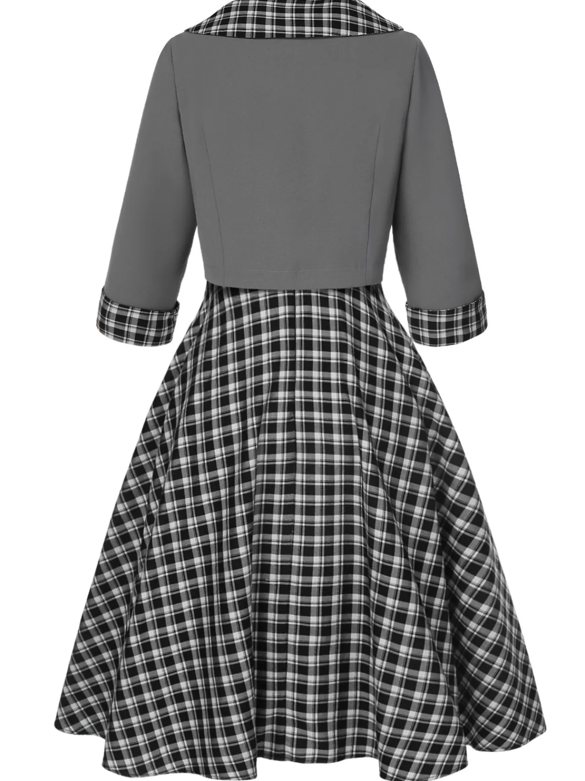 Hot Retro Stage 2PCS 1950s Lapel Rolled Sleeve Plaids Coat & Strap Dress Dark Gray