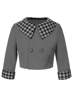 Hot Retro Stage 2PCS 1950s Lapel Rolled Sleeve Plaids Coat & Strap Dress Dark Gray