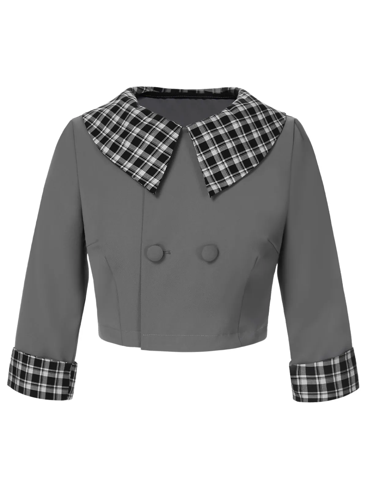 Hot Retro Stage 2PCS 1950s Lapel Rolled Sleeve Plaids Coat & Strap Dress Dark Gray