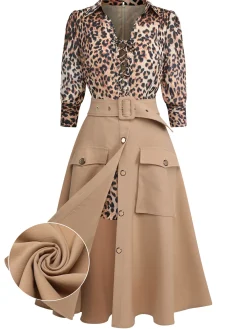 Online Retro Stage 2PCS 1950s Leopard Lapel Romper & Skirt Khaki