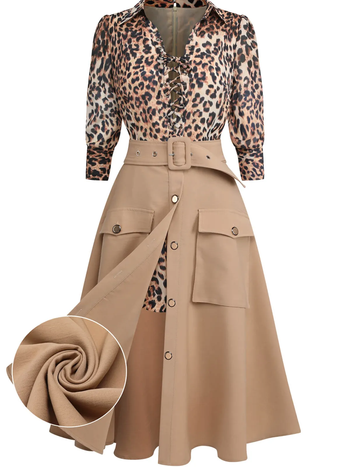 Online Retro Stage 2PCS 1950s Leopard Lapel Romper & Skirt Khaki