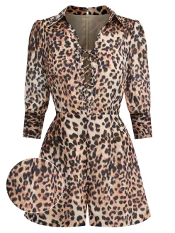 Online Retro Stage 2PCS 1950s Leopard Lapel Romper & Skirt Khaki