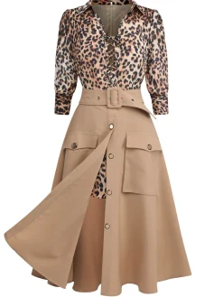 Online Retro Stage 2PCS 1950s Leopard Lapel Romper & Skirt Khaki