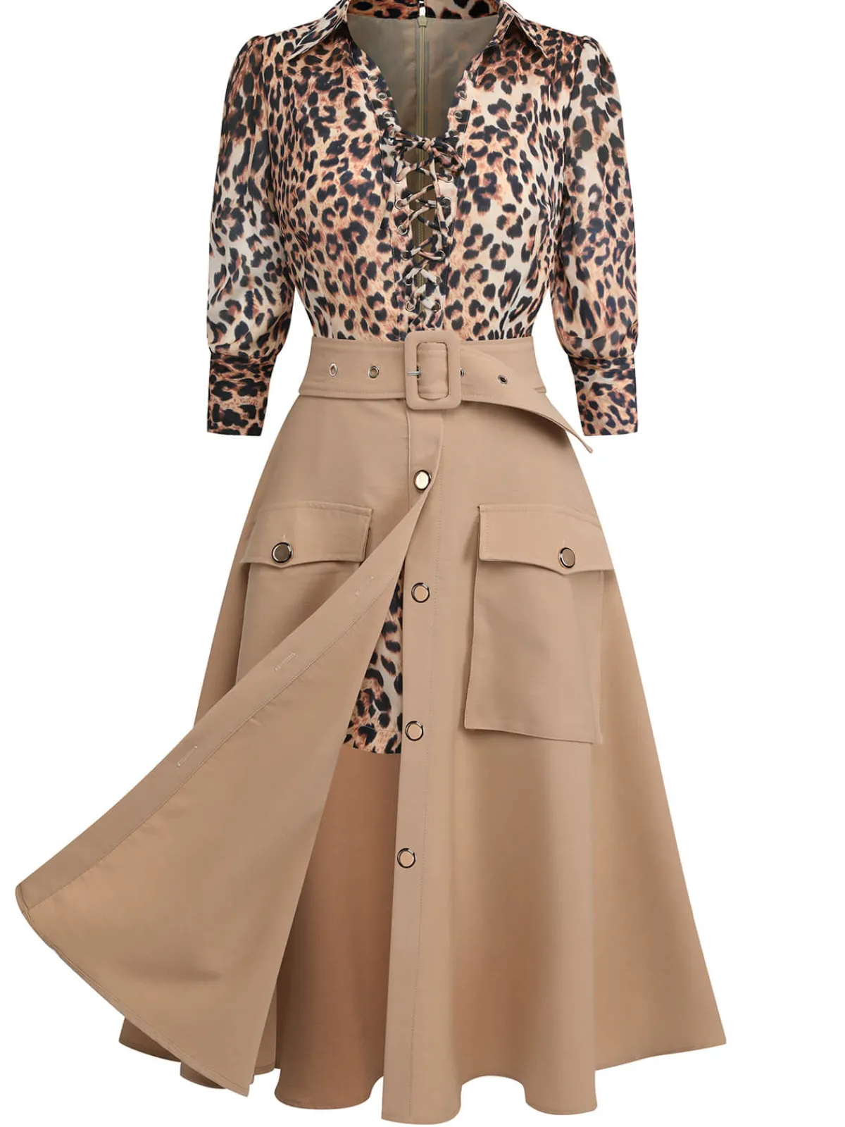 Online Retro Stage 2PCS 1950s Leopard Lapel Romper & Skirt Khaki