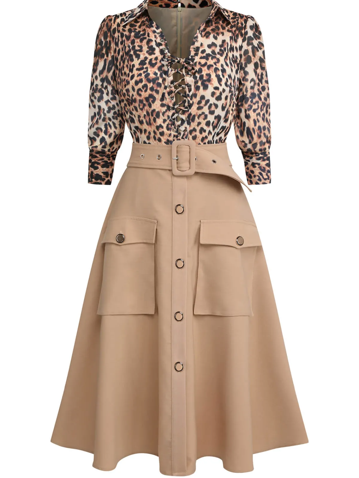 Online Retro Stage 2PCS 1950s Leopard Lapel Romper & Skirt Khaki