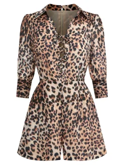Online Retro Stage 2PCS 1950s Leopard Lapel Romper & Skirt Khaki