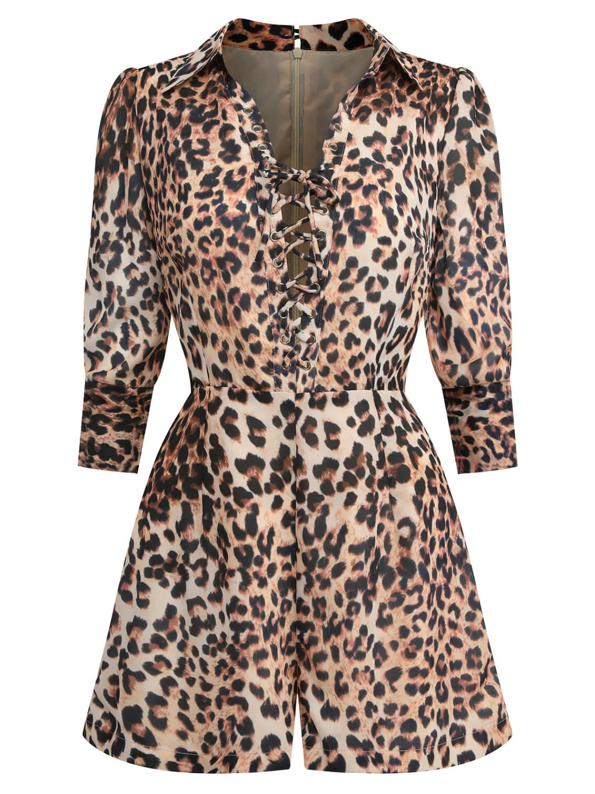 Online Retro Stage 2PCS 1950s Leopard Lapel Romper & Skirt Khaki