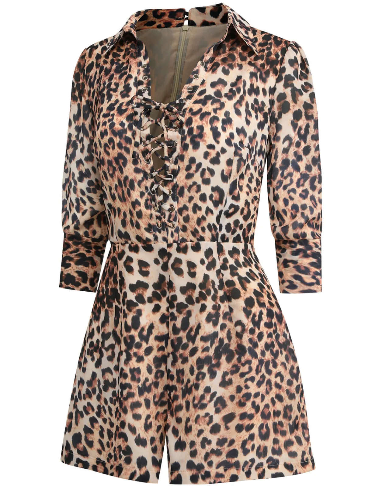 Online Retro Stage 2PCS 1950s Leopard Lapel Romper & Skirt Khaki