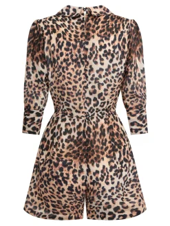 Online Retro Stage 2PCS 1950s Leopard Lapel Romper & Skirt Khaki