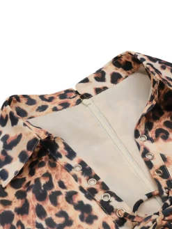 Online Retro Stage 2PCS 1950s Leopard Lapel Romper & Skirt Khaki