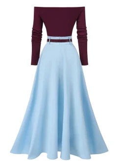 New Retro Stage 2PCS 1950s Off-Shoulder Top & Solid Belted Skirt Red & Blue