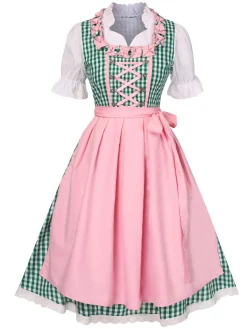 Discount Retro Stage 2PCS 1950s Oktoberfest White Top & Plaid Dress & Pink Apron Green