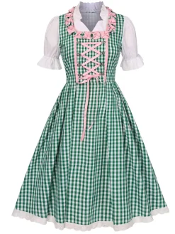 Discount Retro Stage 2PCS 1950s Oktoberfest White Top & Plaid Dress & Pink Apron Green
