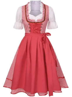 Hot Retro Stage 2PCS 1950s Oktoberfest White Top & Plaid Dress & Apron Red