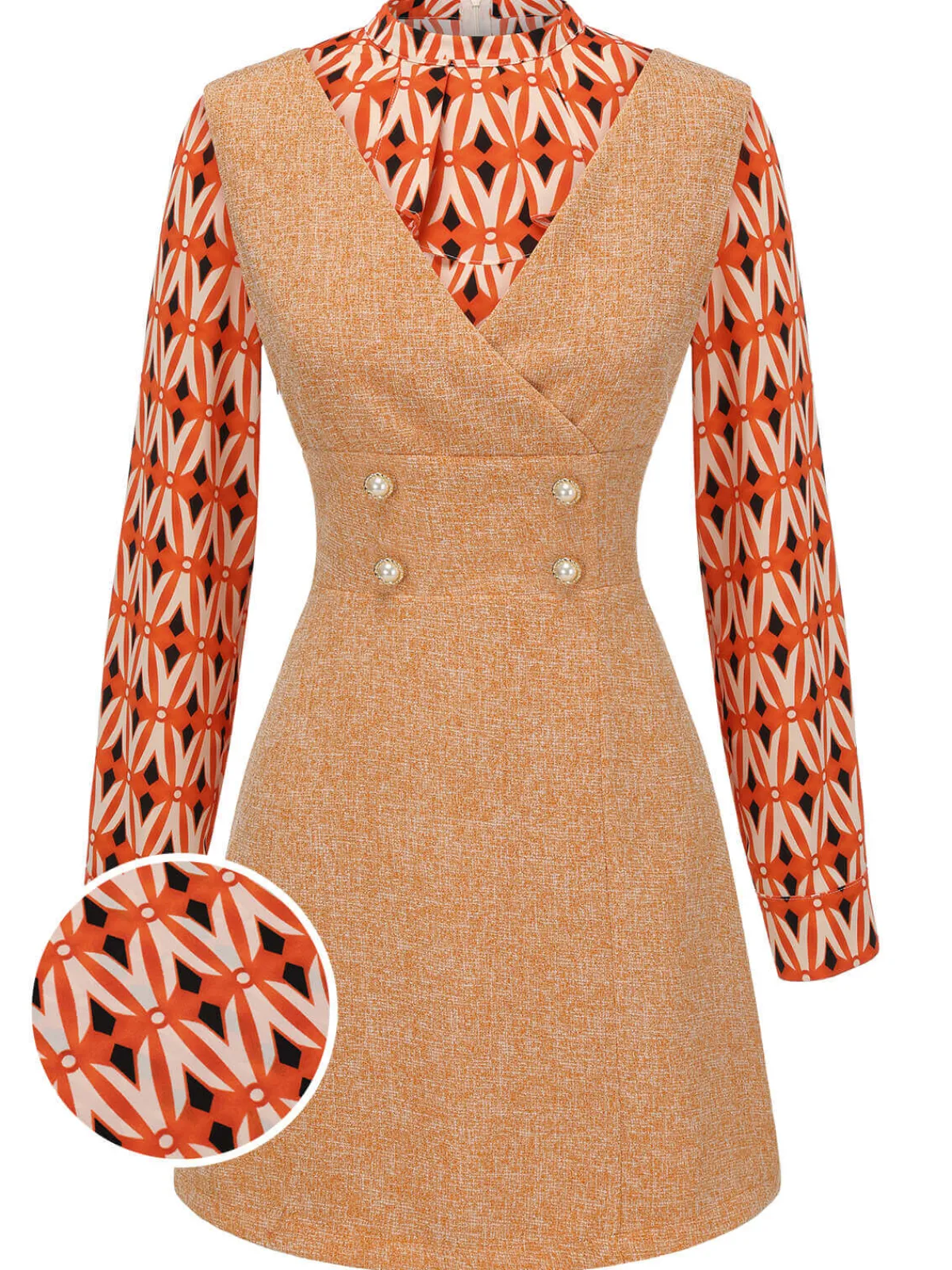 Outlet Retro Stage 2PCS 1960s Blouse & Tweed Mini Dress Orange