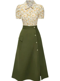Discount Retro Stage 2PCS 1940s Peter Pan Collar Floral Blouse & Slit Skirt Multicolor