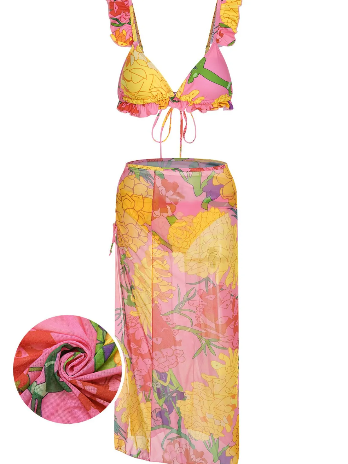Clearance Retro Stage 3PCS 1970s Floral Swimsuit Set Pink
